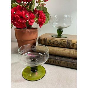 Pair Vintage Roemer Etched Glass Green Stem Sherbet Dessert Glasses Germany